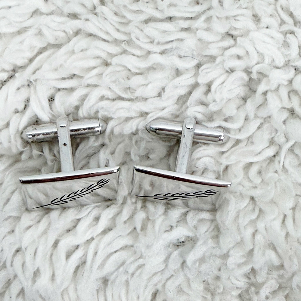 Vintage Swank Silver Tone Wheat Leaf Cufflinks Mid Century Modern MCM Signed - Picture 2 of 7